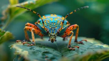 A close-up image of a colorful insect with vivid blue and orange patterns, photo