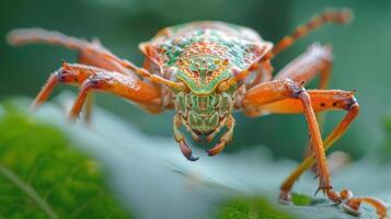 A close-up shot of a vibrant insect with intricate patterns on its exoskeleton, resting on a leaf. photo
