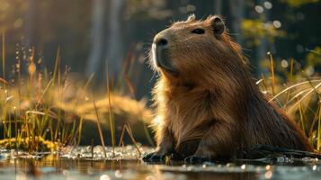 A beaver is seen sitting in a pool of water at the edge of a forest with a beautiful sunset in the b photo