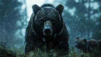 A bear in the rain, staring into the distance, with a checkered pattern overlaid. photo
