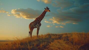 an image of a giraffe standing in the grass at what appears to be either dawn or dusk, photo