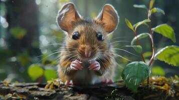 Adorable little mouse peeking out from the leaves in a natural setting. photo