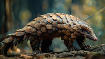 A pangolin, the scaly anteater, is captured in its natural habitat with a dense forest backdrop. photo
