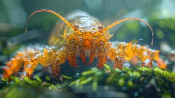 A close-up image of a snail swimming in clear water, surrounded by brown algae. photo