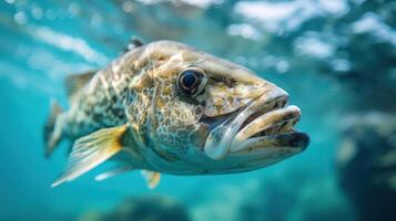 Underwater photograph of two reef fish, a barracuda and possibly some sharks, photo