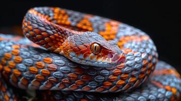 A close-up image of a snake's head displaying its vivid and intricate color pattern, photo