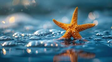 A starfish with its arms spread out in the water, surrounded by drops and possibly rain. photo
