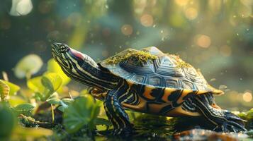 A turtle in a green environment, surrounded by plants and rocks. photo