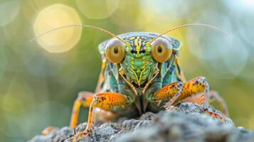 Close-up image of a vibrant green and red bug with yellow markings on its wings, photo