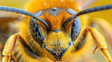 A close-up photo of a yellow and black bee, with its face visible.