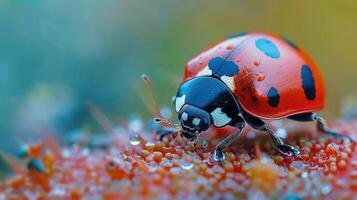 A ladybug with a red and black coloring is seen walking across the top of a flowering plant. photo