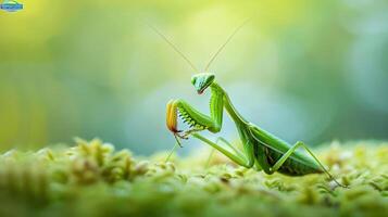 A close-up of a green praying mantis with its mouth open, photo