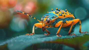 a close-up photo of a vibrant, colorful insect with orange and blue hues.