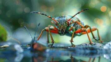 A vividly colored ladybug, photographed with a shallow depth of field. photo