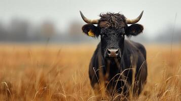 A bull with horns stands alone in a golden field, looking directly at the camera. photo