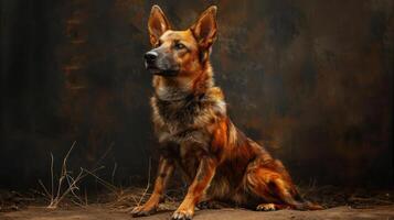 A large dog with multicolored markings is captured in a professional studio setting. photo