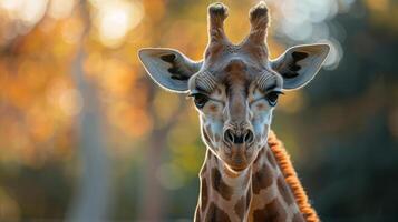 A giraffe stands among trees with fall foliage, looking towards the camera with a calm demeanor. photo