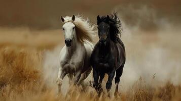 Two wild horses galloping side by side in a dusty field, photo