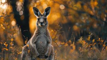 A koala standing in a field during autumn with leaves falling from trees, photo