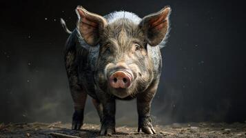 A close-up image of a pig standing with its head turned to the side, displaying its profile. photo