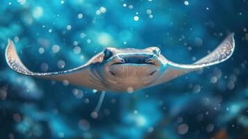 Underwater scene featuring a smiling and happy stingray flying through the ocean, photo