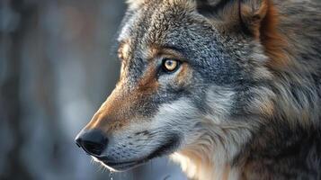 A close-up portrait of a wolf's head, showing its eyes and snout in detail. photo