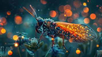 An iridescent, glowing moth perched on a leaf, photographed in low light with bokeh lights, photo