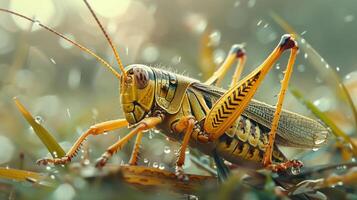 Yellow and brown bug walking on a damp surface, with droplets of water visible. photo