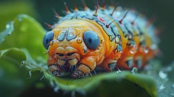 A close-up of a caterpillar with its face on a leaf. photo