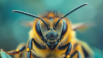 A bee with black eyes and a brown body, showing a detailed view of its face and antennae. photo