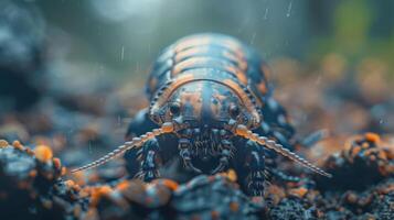 Close-up of an orange and black beetle on a leaf, with the ground visible in the background. photo