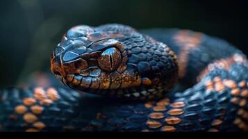 Pit viper, also known as a rattlesnake, sitting calmly with its head raised and tongue flicking. photo