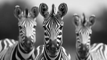 Three zebra heads with black and white stripes facing the camera, arranged in a triptych style. photo