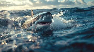 A shark swimming underwater, creating a spray of bubbles and water around it. photo