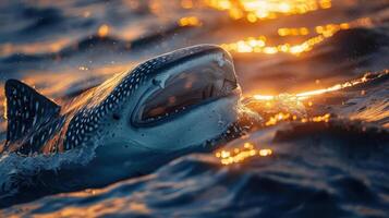 A majestic sunset, a whale shark's mouth open swimming through the water. photo