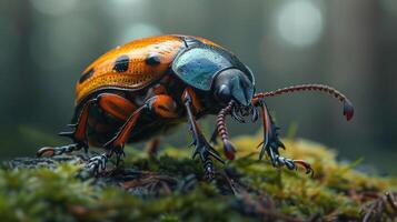A beetle on a tree trunk in the wild with its colorful wing and legs. photo