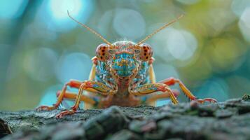 Close-up of a vibrant blue and green bug on a leaf, possibly an insect or a beetle. photo