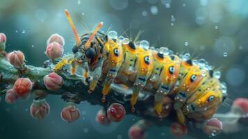 A close-up photo of a brightly colored yellow and black ladybug resting on a tree branch with red be