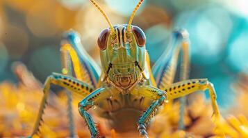 depicts a close-up view of an insect, specifically a grasshopper, photo