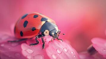 A close-up photograph of a vibrant red and black ladybug standing on pink flowers. photo