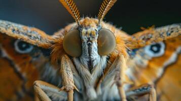 High resolution close up photo of a butterfly's face, showing intricate details and patterns.