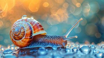 A close-up photograph of a snail on raindrops, photo