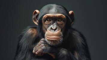 A close-up image of a monkey with its hand on the cheek and looking directly into the camera. photo