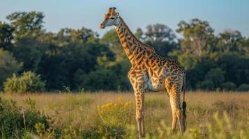 A giraffe standing in an open field with trees and sky in the background. photo