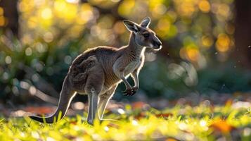 An image of a kangaroo running and hopping towards the camera through a grassy area with autumn leav photo