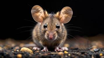 An adorable gerbil peeks out from the rocky ground, displaying its tiny ears and inquisitive eyes. photo