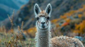 A curious alpaca looking over its shoulder at the camera with a majestic mountain range in the backg photo