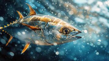 A vibrant yellow fish with red fins in a clear, sparkling ocean. photo