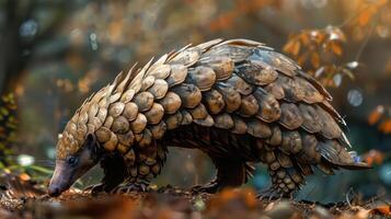 A pangolin is standing amidst fallen leaves, photo