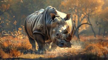 A Rhino walking in a wooded area with a backdrop of fluffy clouds and a beautiful sunset. photo
